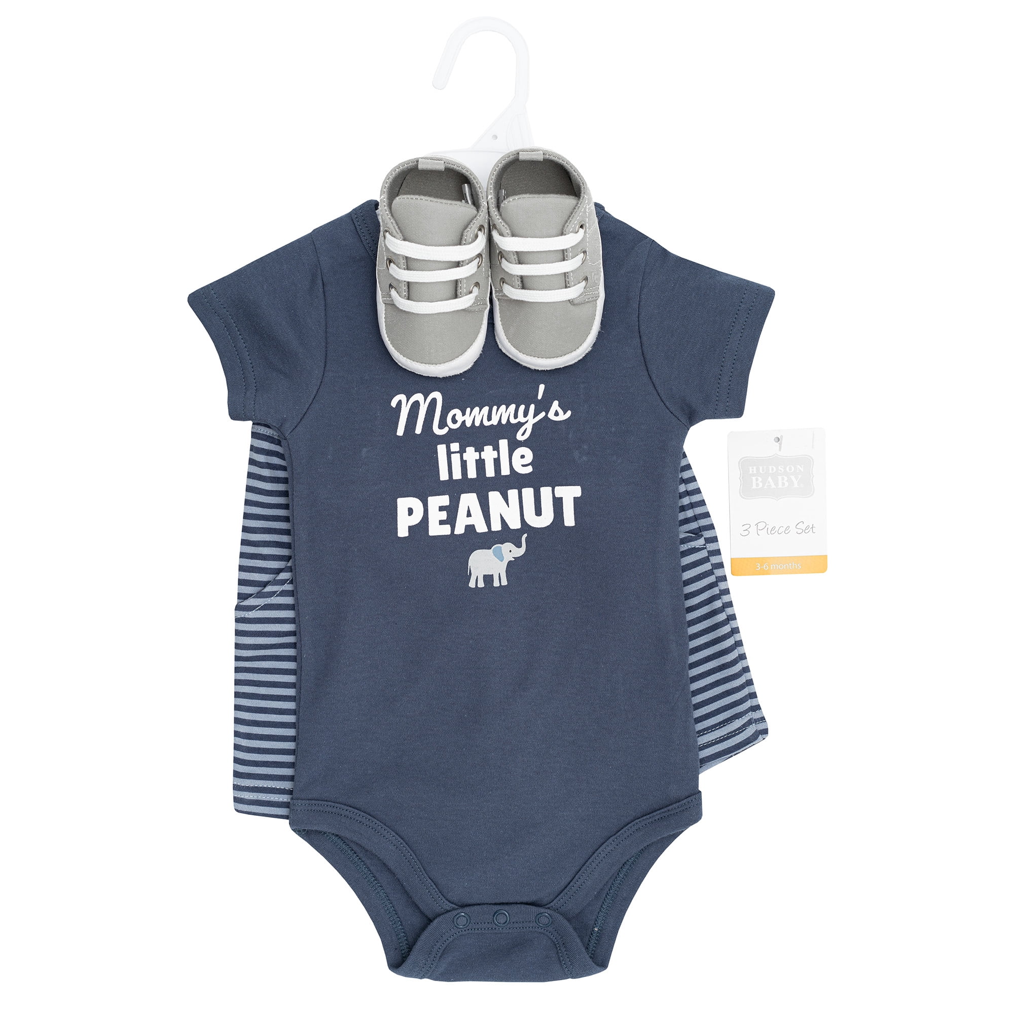Hudson Baby Boy Cotton Bodysuit, Shorts and Shoe Set, Blue Elephant Peanut, 6-9 Months