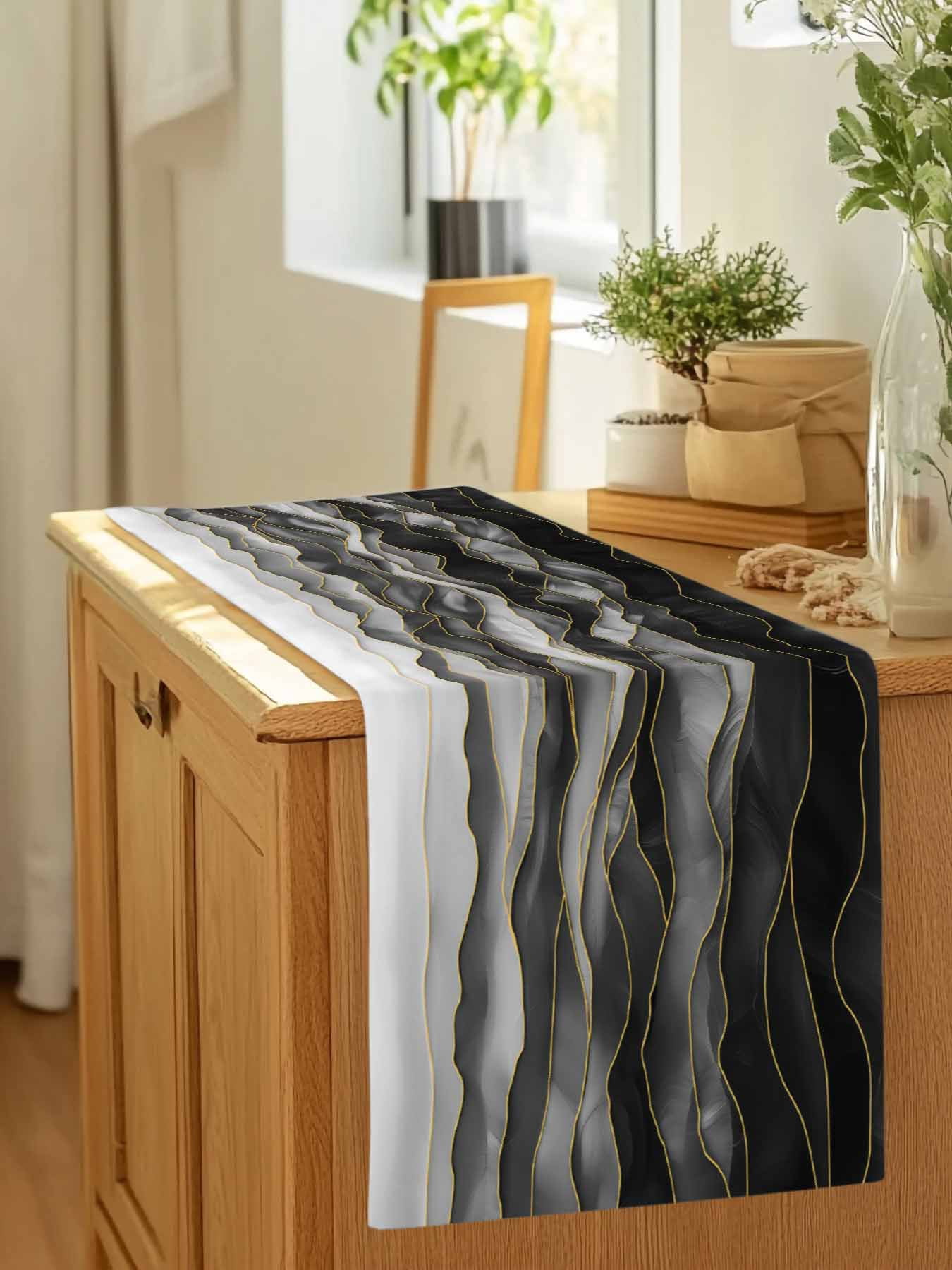 Black Grey Color Gradient Art Table Runner 90 Inches Long, Abstract Ombre with Gold Line Table Runners Tabletop Scarf Kitchen Dining Tables Decoration for Home Party Indoor Outdoor