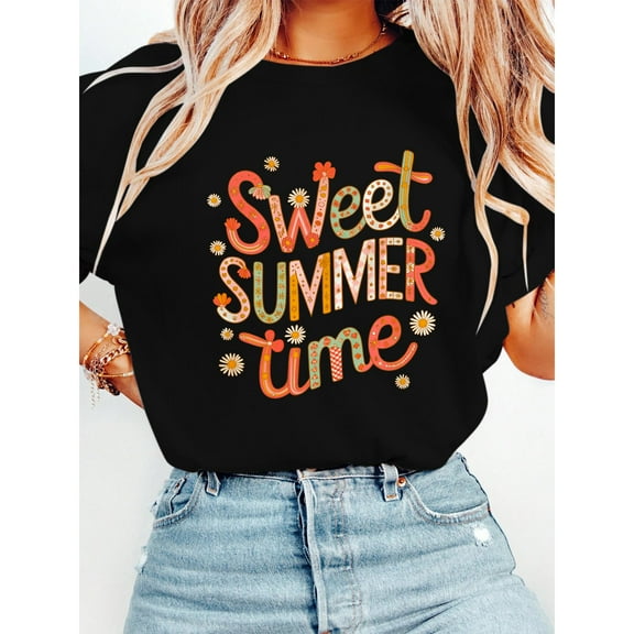 Womens Sweet Summer Tee Top Black and White S-5XL Colorful Playful Graphic  perfect for summer lovers.