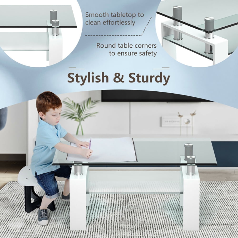 Finihen Glass Coffee Table, Rectangular Coffee Table, Rectangle Glass Coffee Table with Metal Legs, for Living Room, Reception Room, White Finihen Glass Coffee Table, Rectangular Coffee Table, Rectangle Glass Coffee Table with Metal Legs, for Living Room, Reception Room, White