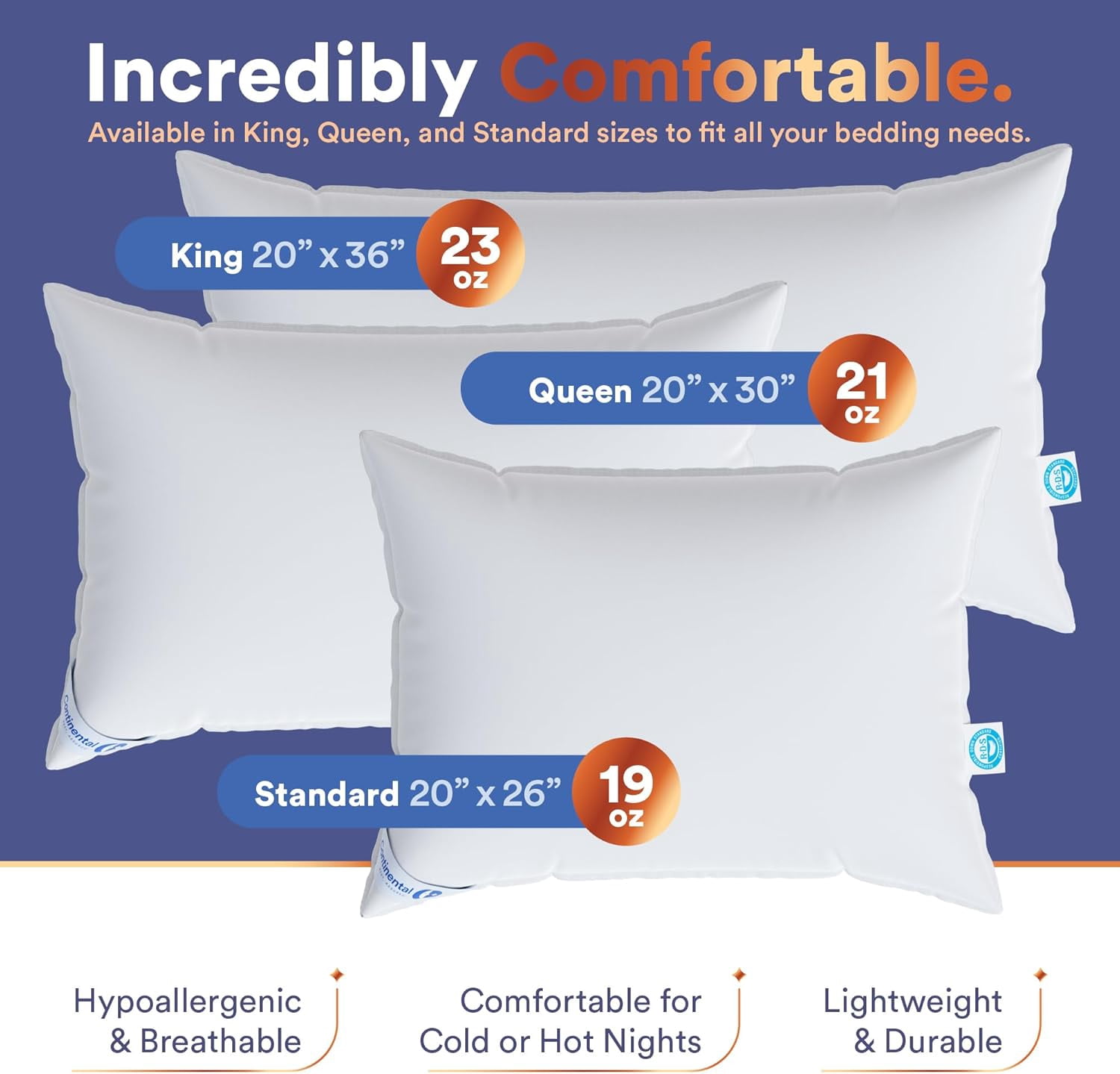 Siberian 800FP Goose Down Pillow – 100% Goose Down – 100% Cotton – Medium – Standard Size