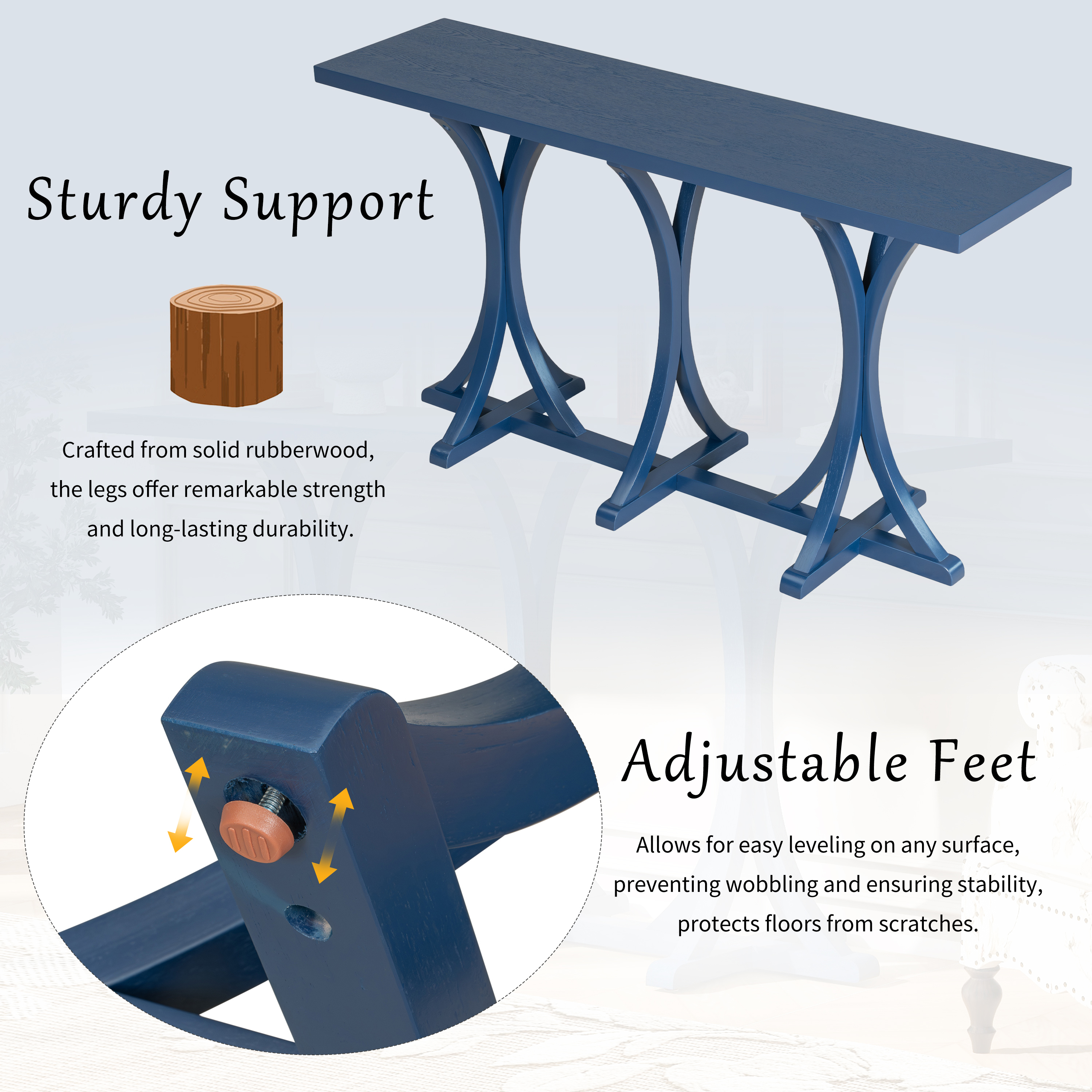 Euroco 59.8" Long Console Table, Farmhouse Entryway Table with Slender Curved Legs, Narrow Sofa Table Behind Couch for Living Room, Hallway,Foyer,Navy Blue
