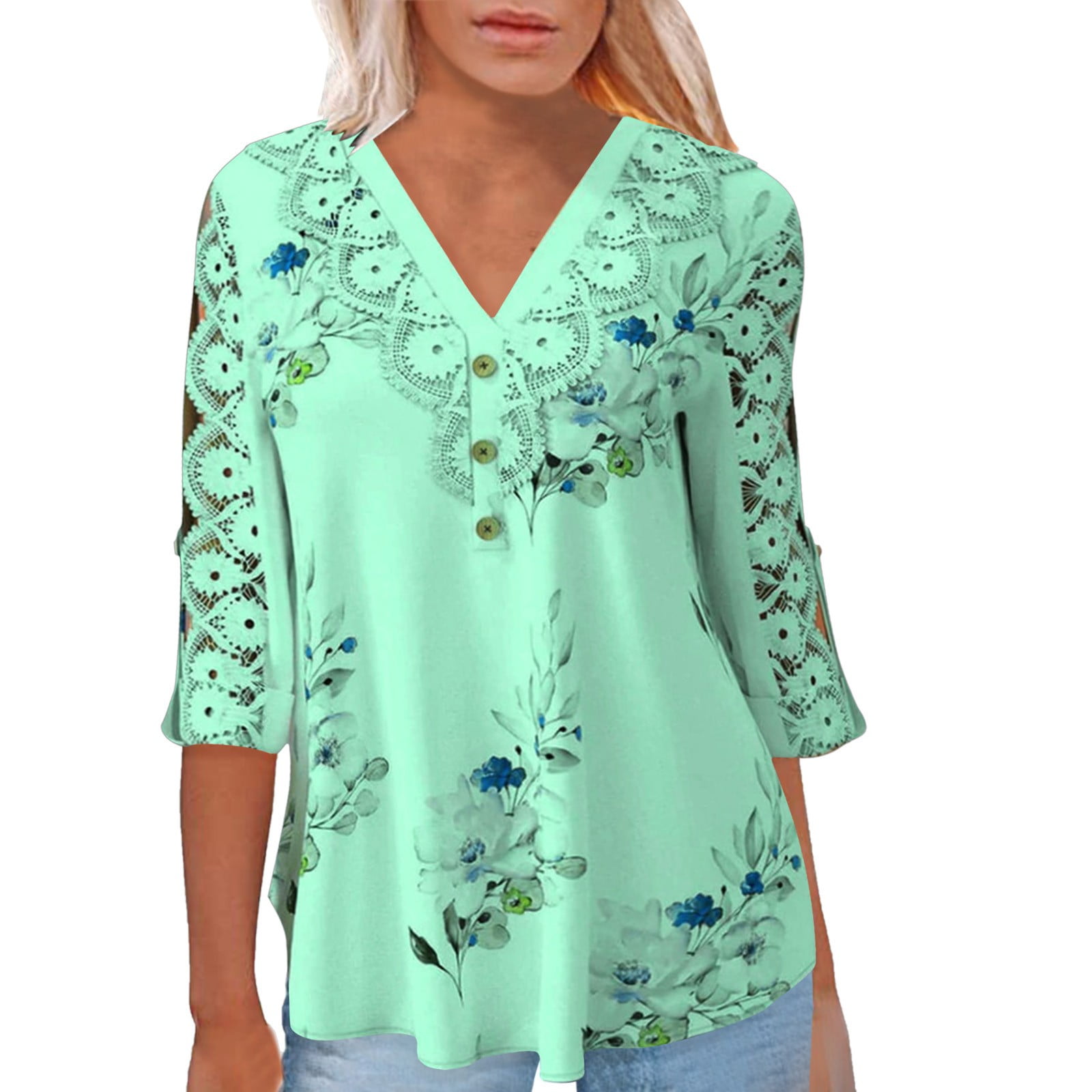 Button Down Shirts For Women 3/4 S1eeve VNeck Shirt Floral Print Mint