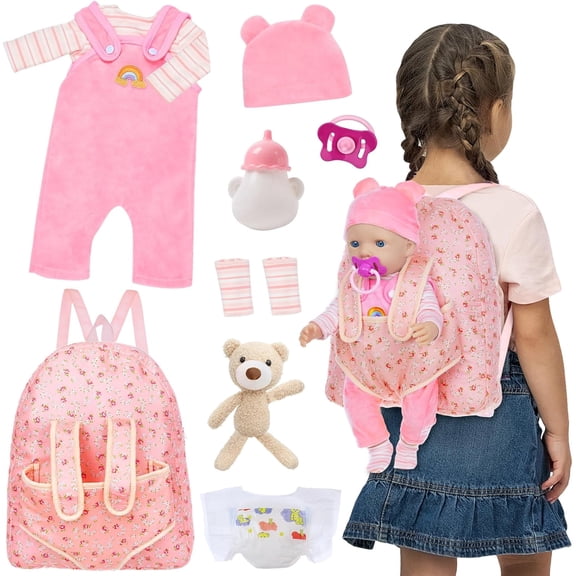 TDDS9 Baby Doll Clothes with Backpack Carrier for 14-18 Inch Doll,Reborn Baby Dolls Accessories Set with Bottles Pacifiers for Toddlers and Kids 2 3 4 5 Year Old(Dolls not Included)