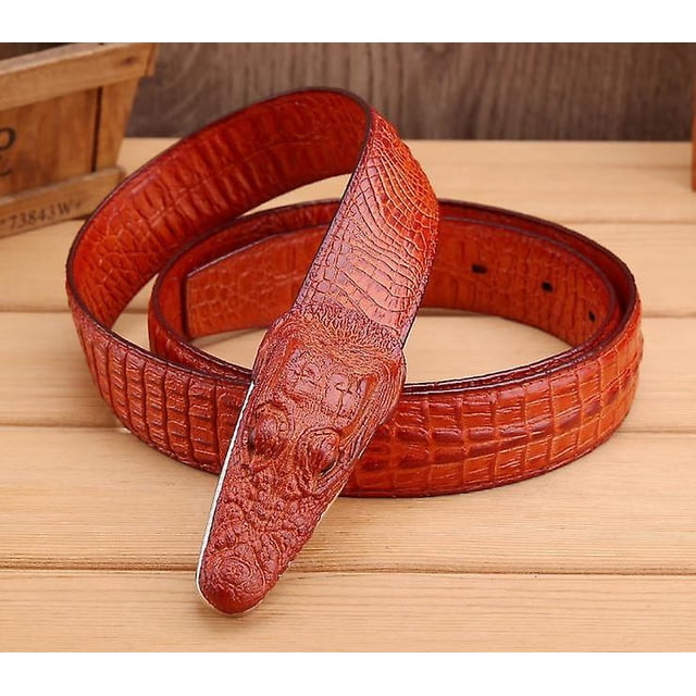 Cinturón de piel antigua con hebilla de cocodrilo, color marrón y rojo
