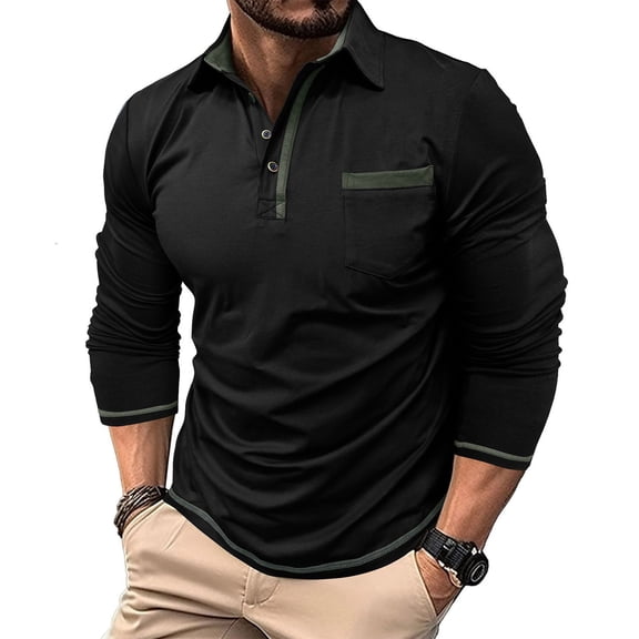 Kvture Business Casual Collared T-Shirts for Men Long Sleeve Pullover Versatile Button Up Workout Golf Tee Tops Black Pullover XXXL