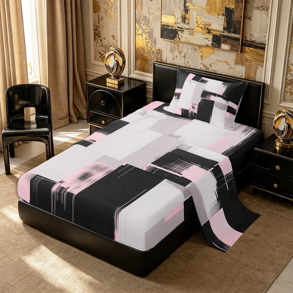 Castle Fairy Bohemian Geometric Block Twin Sheets 3pcs,Minimalism Vertical Streak Bedding,Black Pink Gray,1 Flat Sheet, 1 Fitted Sheet and 1 Pillowcase