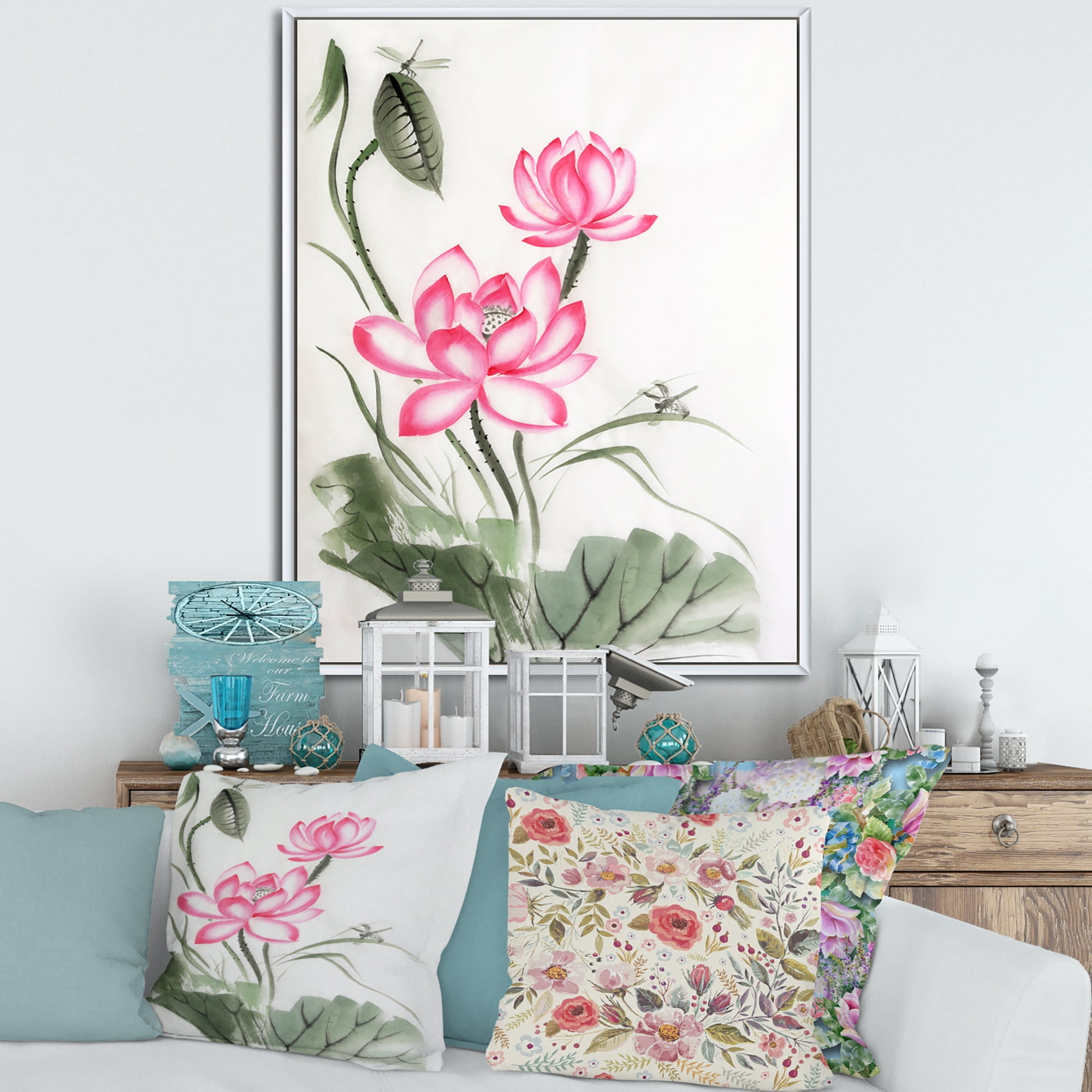 Designart 'The Dragonfly and Lotus I' Traditional Framed Canvas Wall Art Print