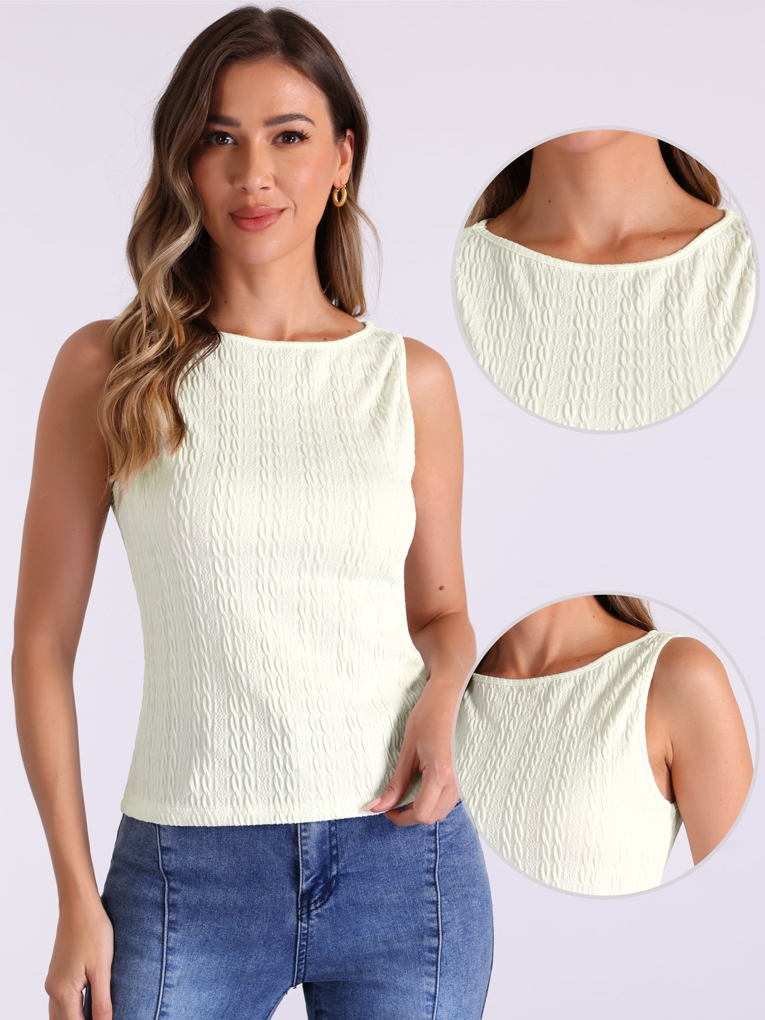 DARING DIVA Women's Knit Sleeveless Boat Neck Fitted Textured Tank Top L Beige