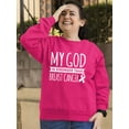 thumbnail image 3 of Breast Cancer Support Christian My God is Stronger Crewneck Sweatshirt, L, Pink, 3 of 5