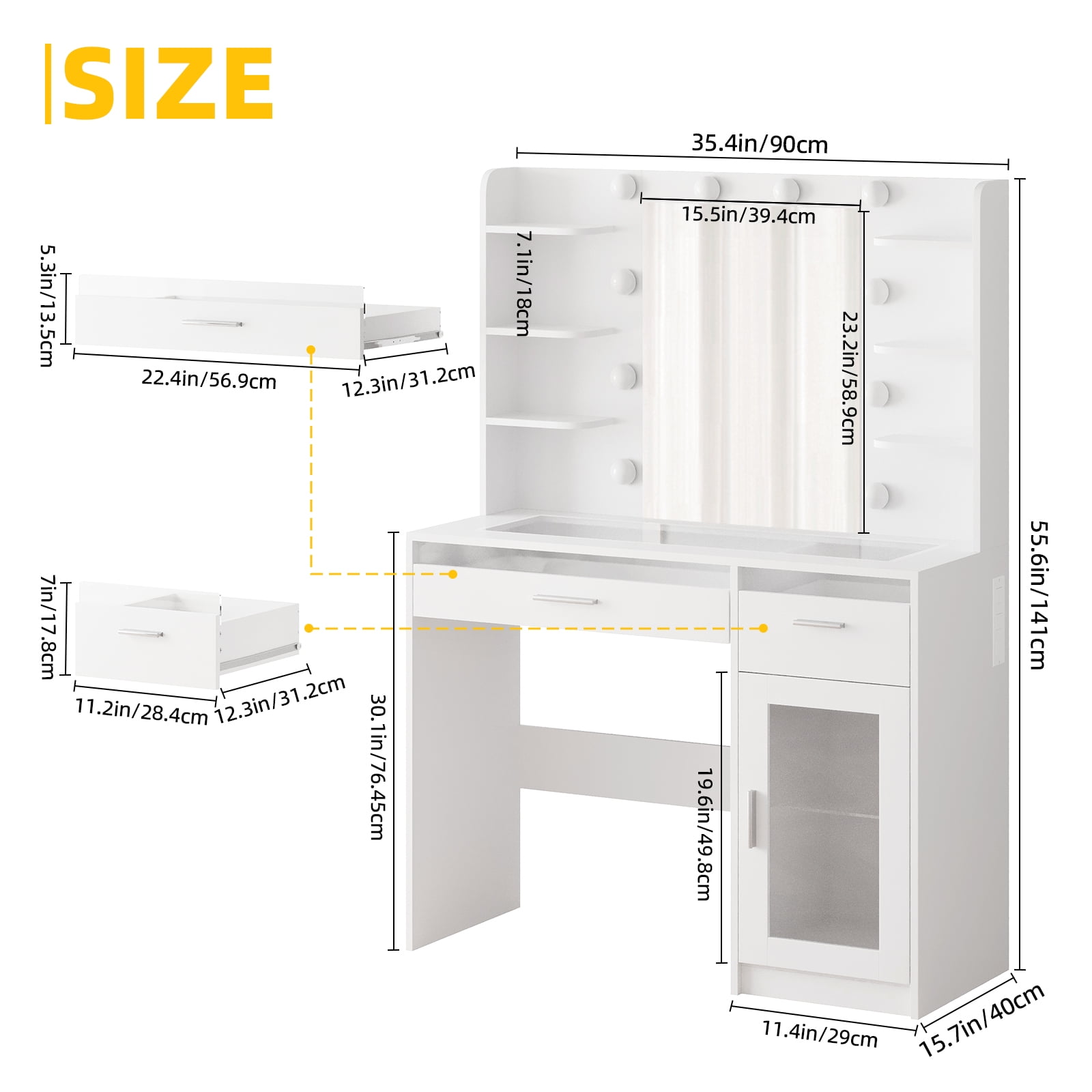 TOMNK White Vanity Desk with Mirror & Lights, Power Outlet, 3 Colors, 2 RGB Drawers, 6 Shelves