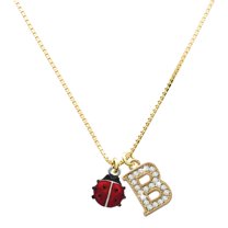 Delight Jewelry Silver-tone Mini Red Translucent Ladybug - Large Goldtone Crystal Initial - B - Charm Necklace, 17.5" 2"
