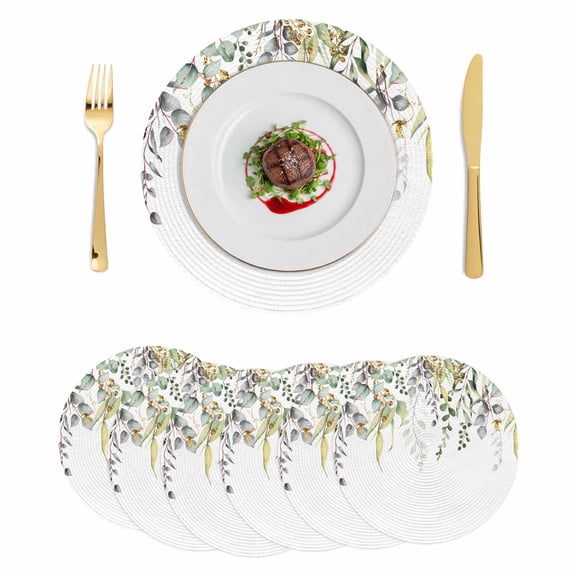 Eucalyptus Leaves Round 13 Inch Placemats Set of 6, Summer Botanical Green Watercolor HeatResistant Non Slip Place Mats for Dining Table, Wipeable Braided Kitchen Table Mats for Housewarming