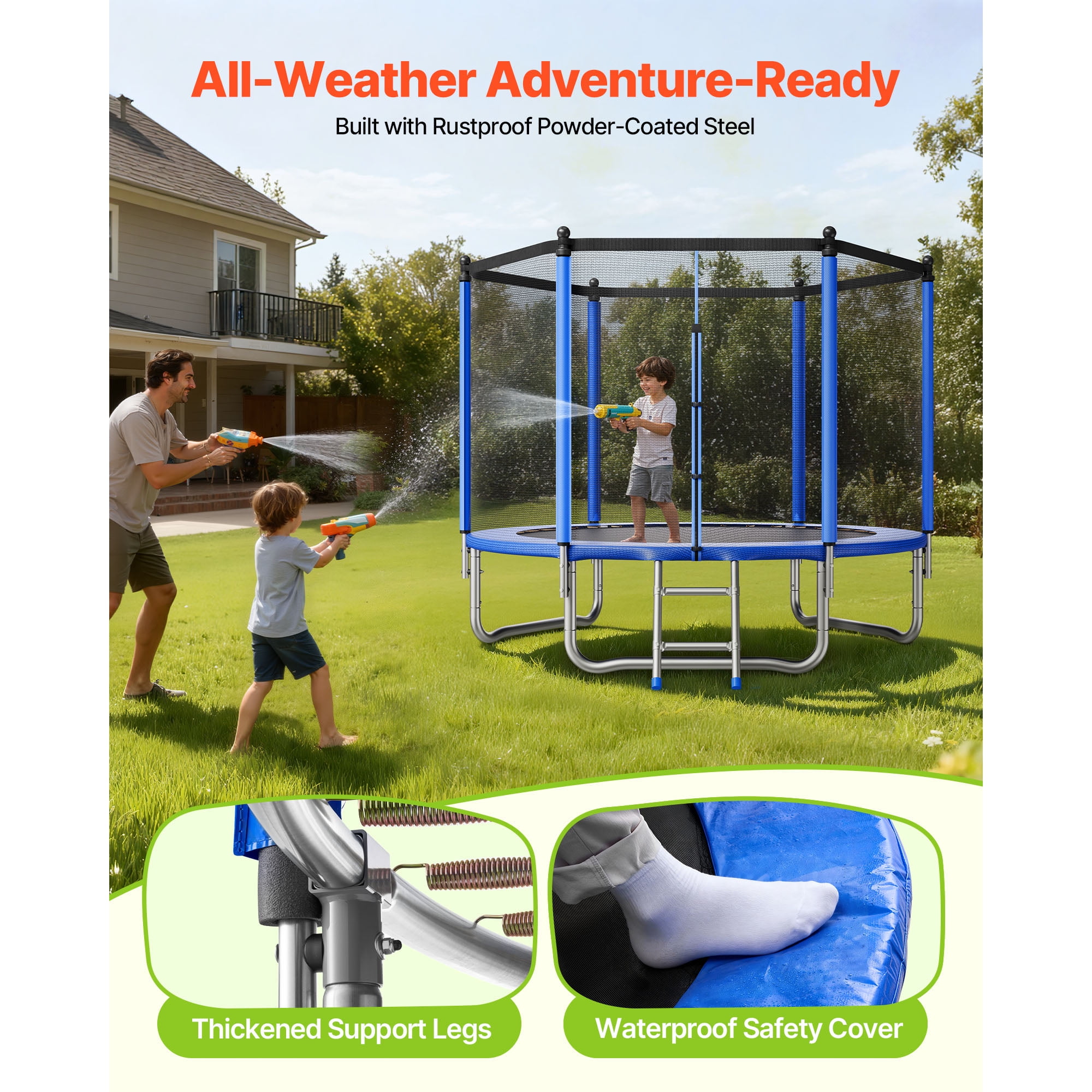 KFFKFF 8FT Outdoor Trampoline with Safety Enclosure, ASTM Certified, Durable Frame, 265 lbs Capacity, Rust-Resistant Design for Backyard Fun for Kids and Adults