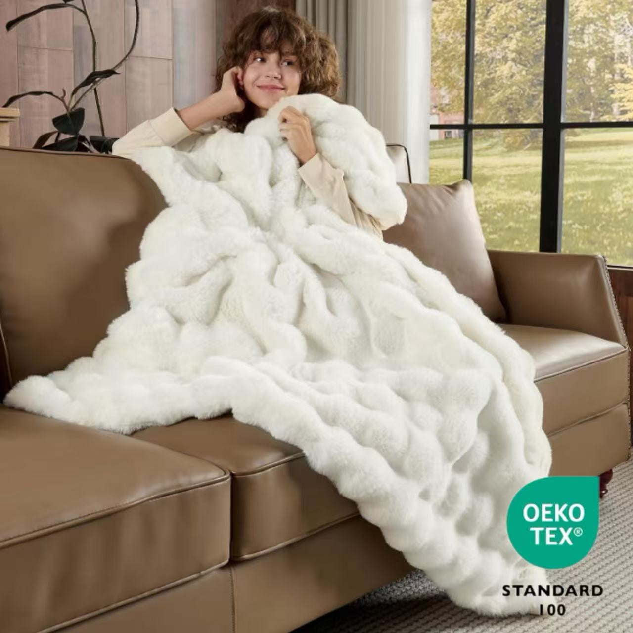 ROSEKIND 6lbs Faux Rabbit Fur Bubble Fleece Throw Blanket for Sofa & Bed, ultra-soft Cozy Gift for Adults & Friends, 50"x60", Ivory Cream