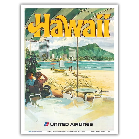 Hawaii - Waikiki Beach - United Air Lines - Vintage Airline Travel Poster by Allen Beck c.1970s - Master Art Print (Unframed) 9in x 12in