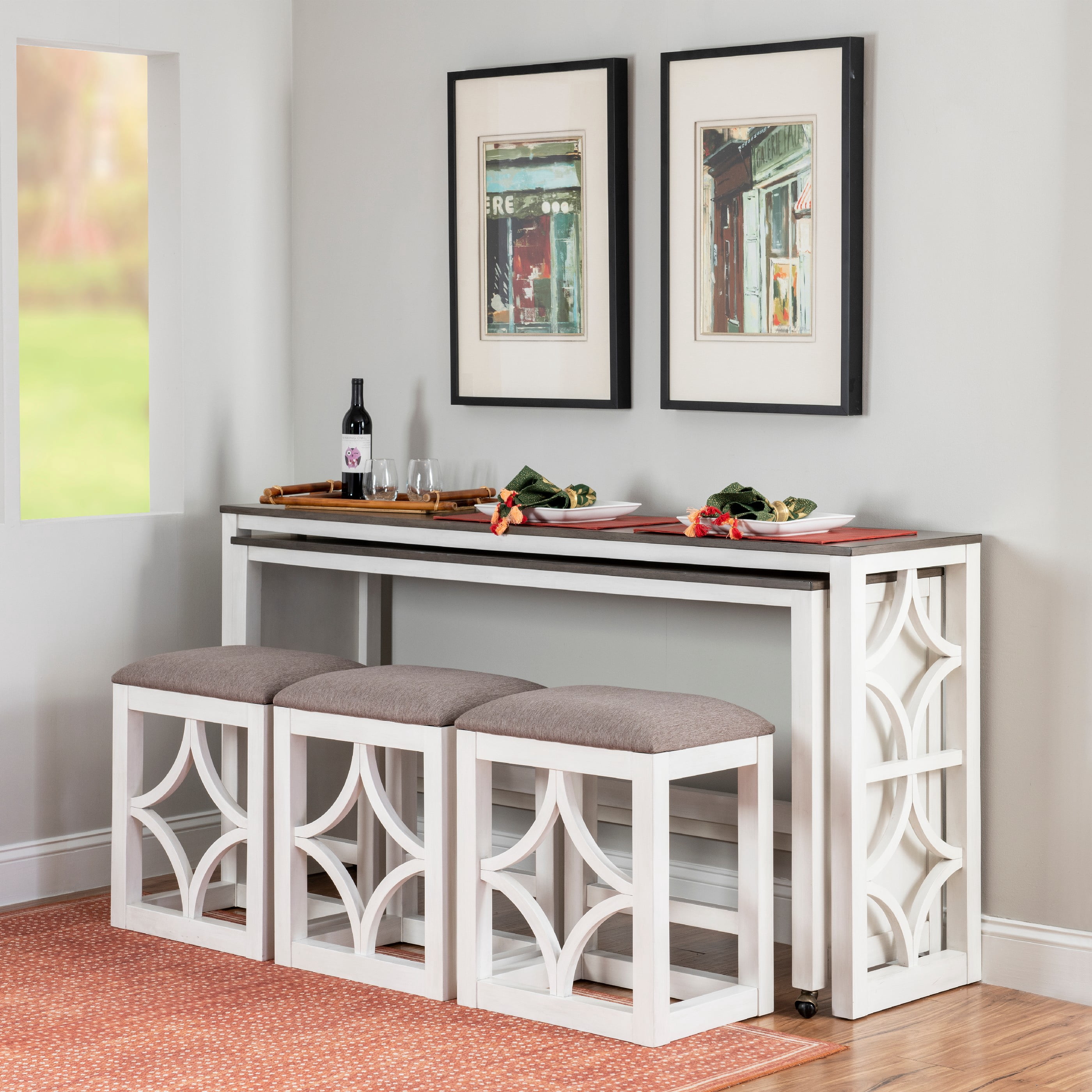 Powell Malfoy 5-Piece Nesting Console Table Set with 3 Stools, Antique White
