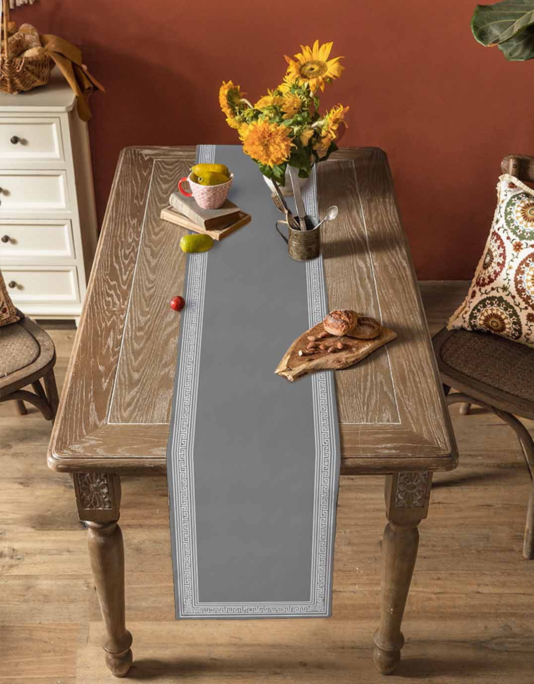 Grey White Geometric Burlap Cotton Table Runner 13x90 Inches Long, Country Greece Key Art Farmhouse Table Runners, Outdoor Dining Tablecloths Decor for Baby Shower/Party/Wedding