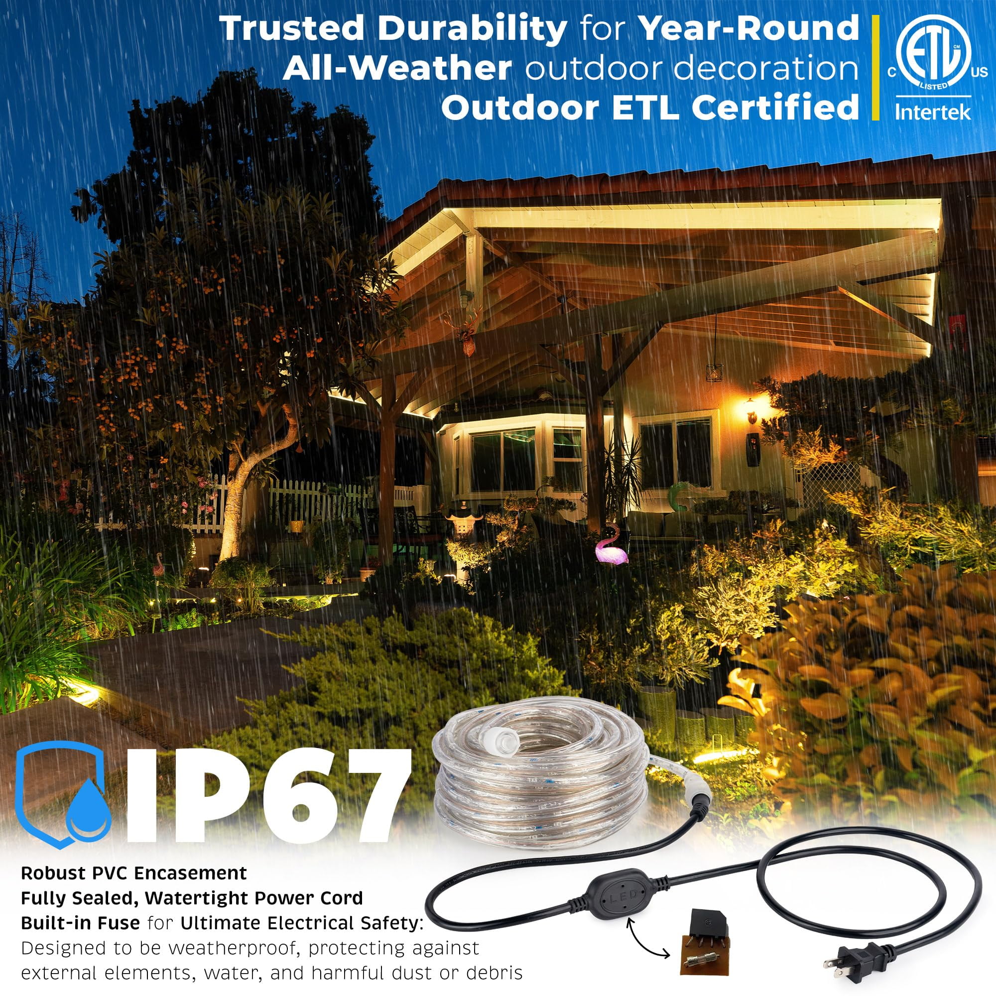 WYZworks 288LEDs, 25ft LED Warm White Rope Light, Connectable Outdoor Permanent Waterproof Accent Exterior Lighting, Flexible Clear PVC, ETL Certified, Holiday, Backyard Patio, Home, Decor
