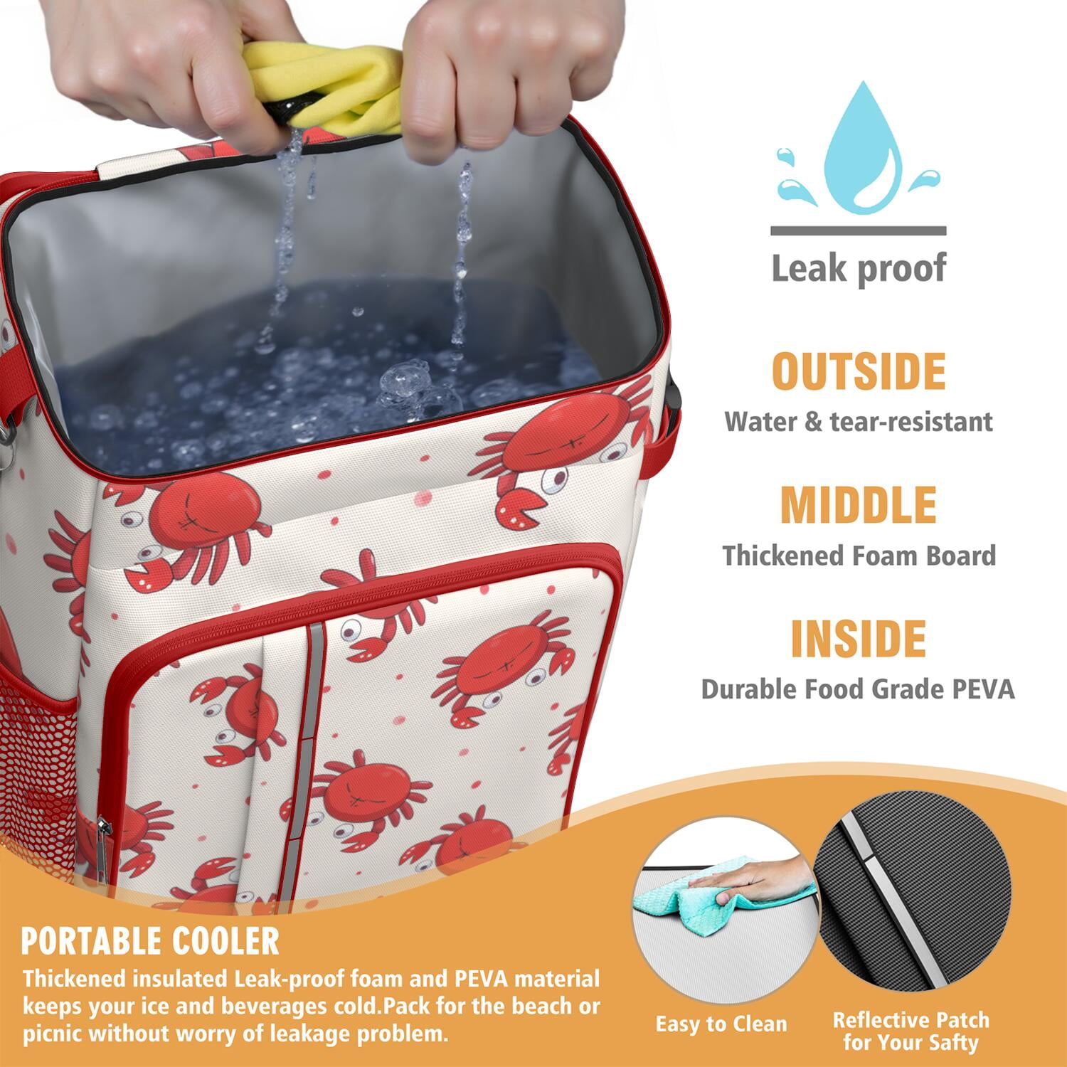 Marine Adorable Crab Cooler Backpack Insulated Waterproof Leak Proof Beach Cooler Bag Lightweight Lunch Picnic Camping Backpack Cooler for Men Women