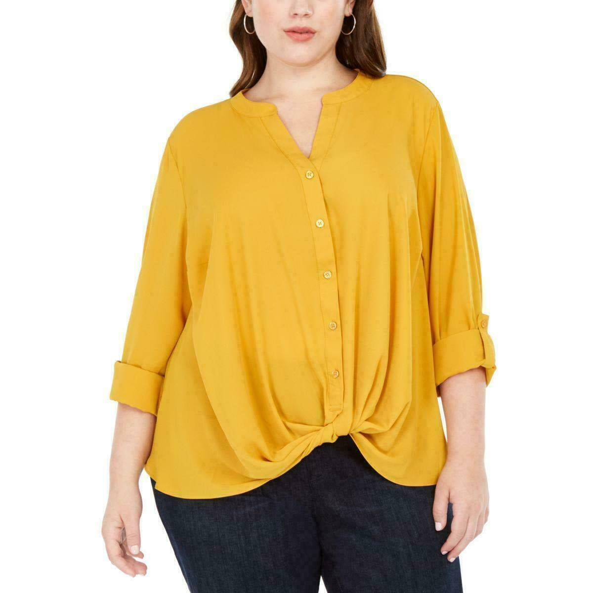 INC Women's Long Sleeve Twist-Front Button-Up Knit Top Gold Plus Size ...