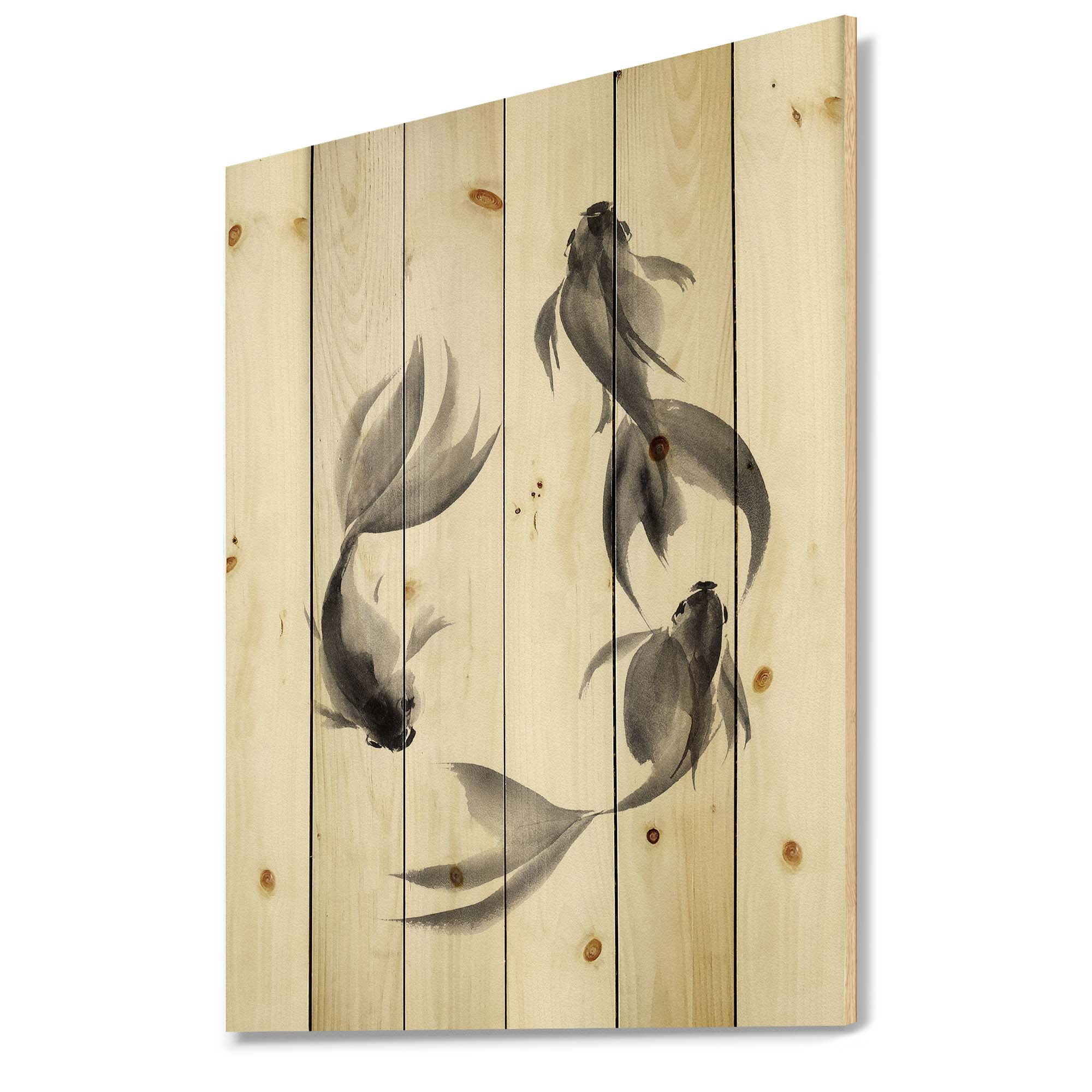 Designart 'Black and White Vintage Fish III' Nautical & Coastal Print on Natural Pine Wood