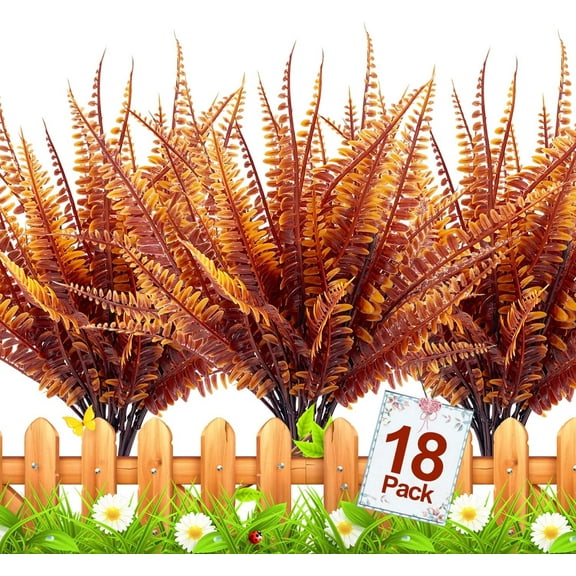 Sinhoon 18 PCS Artificial Fall Plants Greenery Decor, Fake Boston Fern Bush Plant Bushes Faux Outdoor UV Resistant Greenery Shrubs Plants Indoor Outside Hanging Planter Home Garden Decor(Orange)