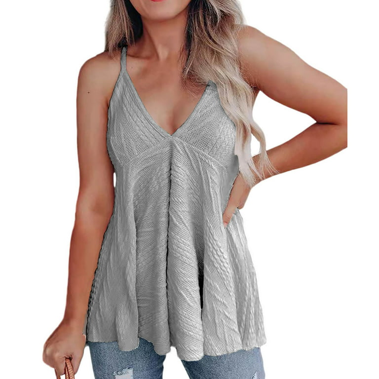 KIJBLAE Teen Girls Sleeveless V Neck Vest for Women Cozy Clothes Women's  Fashion Crop Tank Tops Solid Knitting Camisole Summer Shirts Swing Pleated  Tee Shirts Sexy Slim Cami Discount Gray L 