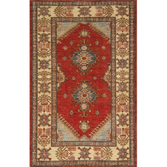Pasargad Home Kazak 41" x 64" Hand-Knotted Lamb's Wool Area Rug in Red/Ivory