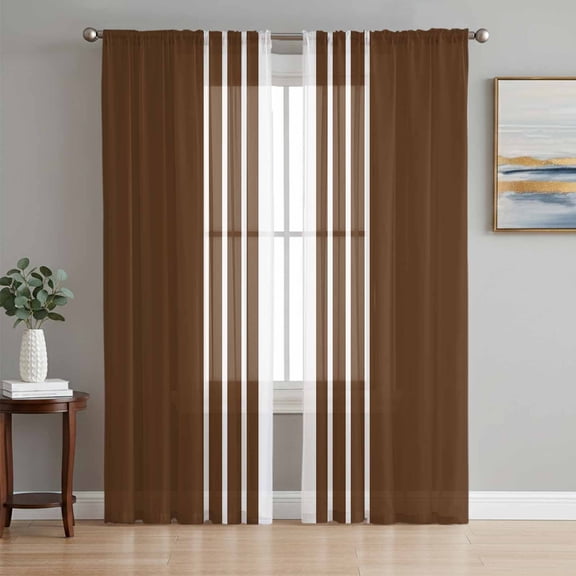 Brown White Stripe Sheer Curtains 84 Inch Length 2 Panels Set, Modern Rustic Vertical Striped Voile Window Treatment Rod Pocket Curtains Sheers Drapes for Bedroom/Living Room/Kitchen 52"x84"x2