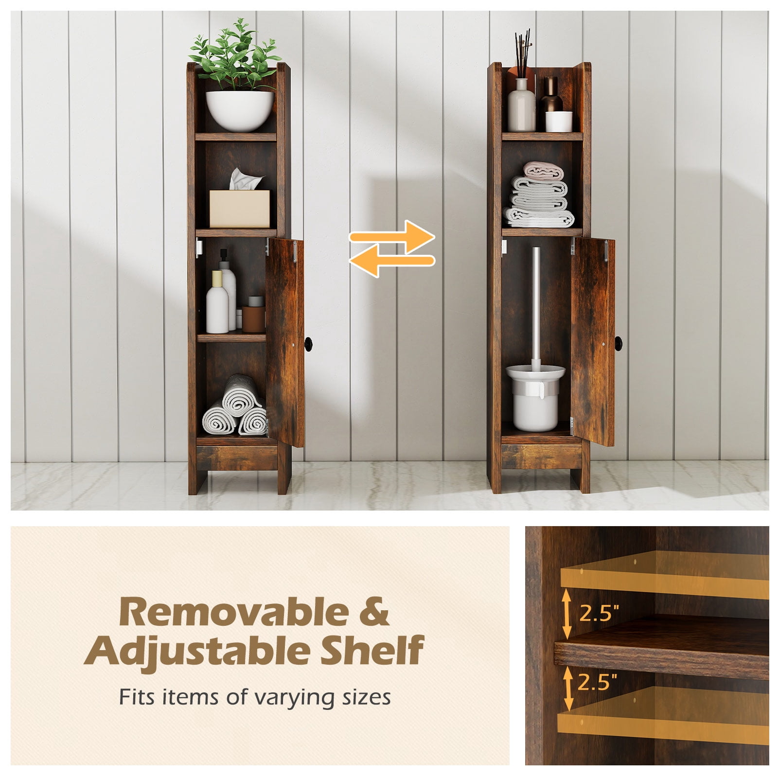 Topbuy Bathroom Storage Cabinet Small Corner Floor Cabinet with Door and Adjustable Shelves Toilet Paper Holder Stand Brown