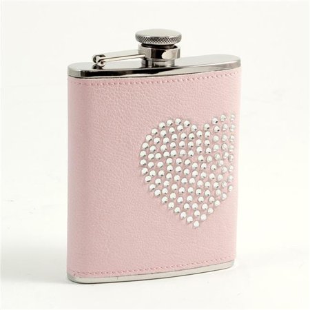 

Bey-Berk International FS396 6 oz Stainless Steel Leatherette Flask with Reign Stone Heart Design Captive Cap & Durable Rubber Seal - Pink & Silver