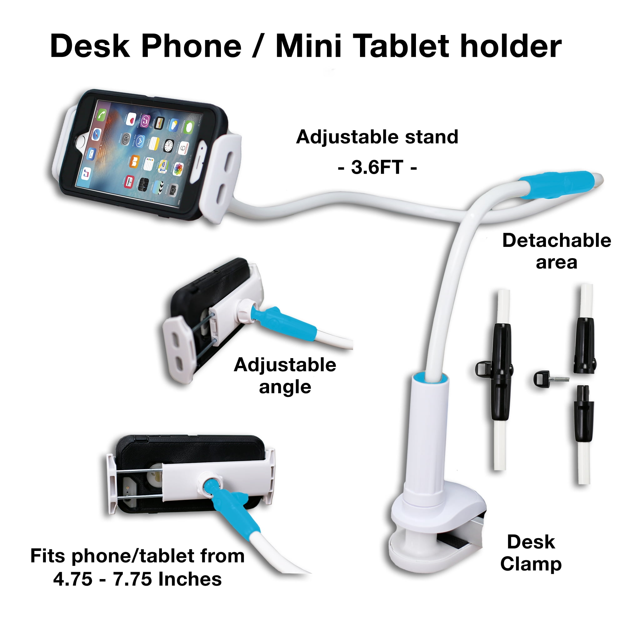 Flexible Adjule Desk Phone Holder Clamp Mount With Long Arm Detachable For Smart Devices Black