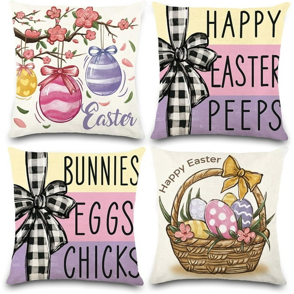 4PCS Easter Pillow Covers 18x18 Inch Happy Easter Decor Throw Pillow Covers Easter Bunnies Chicks Eggs Cushion Cases Decoration for Holiday Farmhouse Wedding Home Sofa Couch