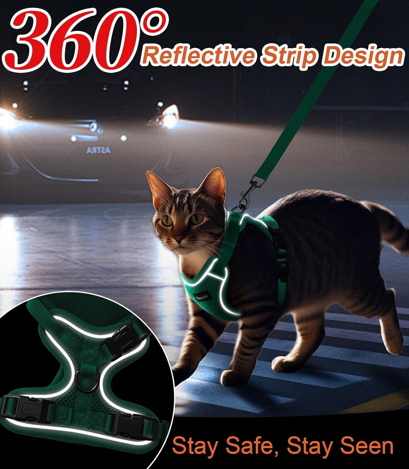 Cat Harness and Leash for Walking Escape Proof Soft Adjustable Cat Leash Breathable Comfortable Vest Easy to Wear Kitten Harness for Outdoor Travel (Emerald, S (7-12lb))