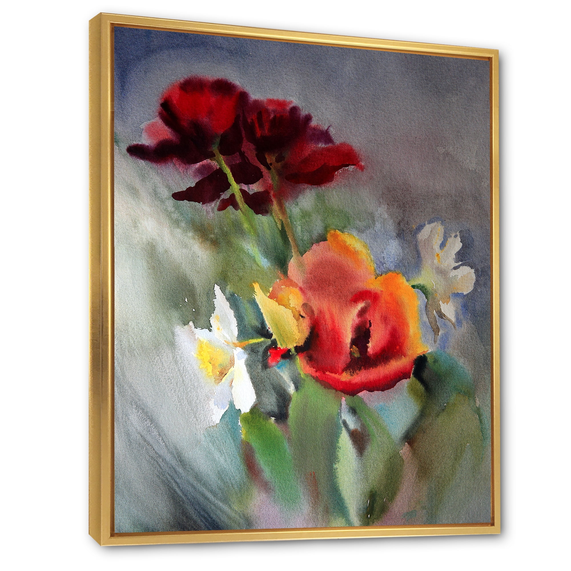 Designart 'Blossoming Vibrant Red Wildflowers' Traditional Framed Canvas Wall Art Print