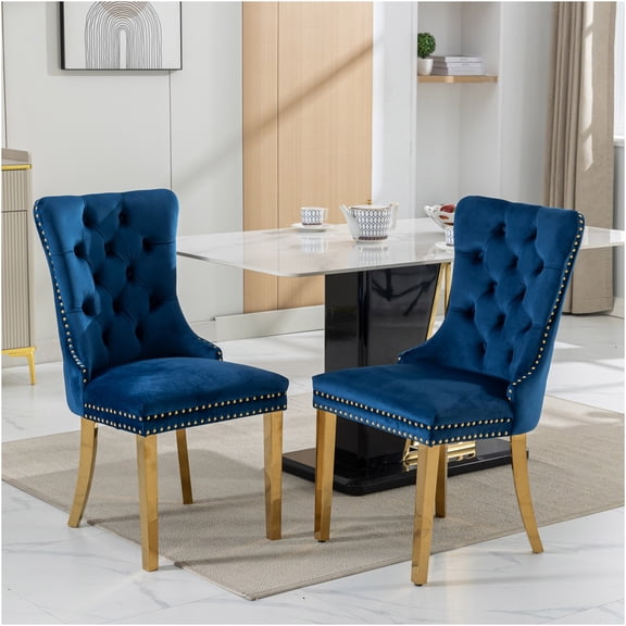 JERFIT Modern Velvet Dining Chairs Set of 2, Blue Upholstered Side Chairs with Gold Metal Legs and Nailhead Trim for Kitchen, Dining Room