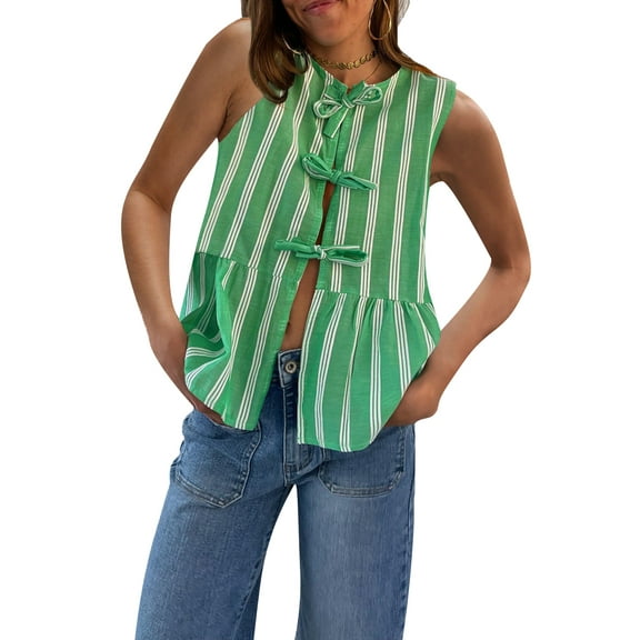 Michellecmm Women's Striped Tank Tops Loose Round Neck Front Tie Up Ruffled Sleeveless Blouse for Summer
