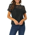 thumbnail image 1 of INSPIRE CHIC Haut en Dentelle Florale Transparente pour Femmes à Manches Courtes Froncées avec Bord Festonné Noir XX-Grand, 1 of 6