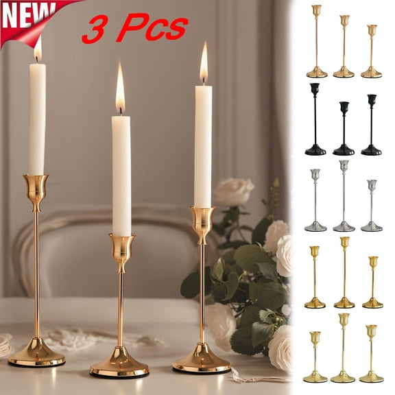 KOYPTL 3 Pcs Candle Holder with Stable Base Romantic Metal Holder for Taper Candles Vintage Candlestick Table Decorations for Dinner Centerpiece Ceremony Wedding Party Valentines Day Decor Rose Gold