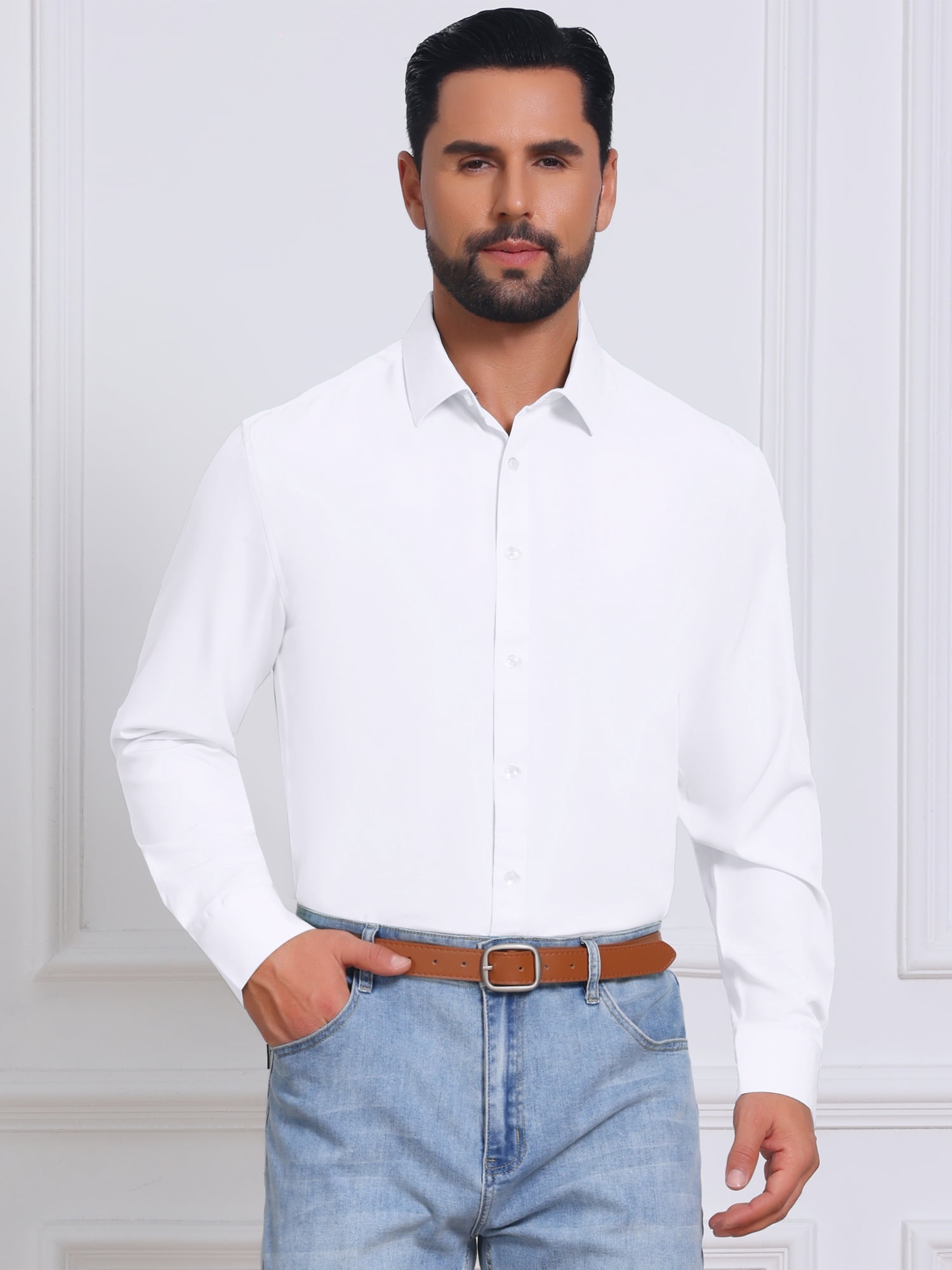 DARING DIVA Men's Solid Color Button Down Long Sleeves Stretch Shirts XL White