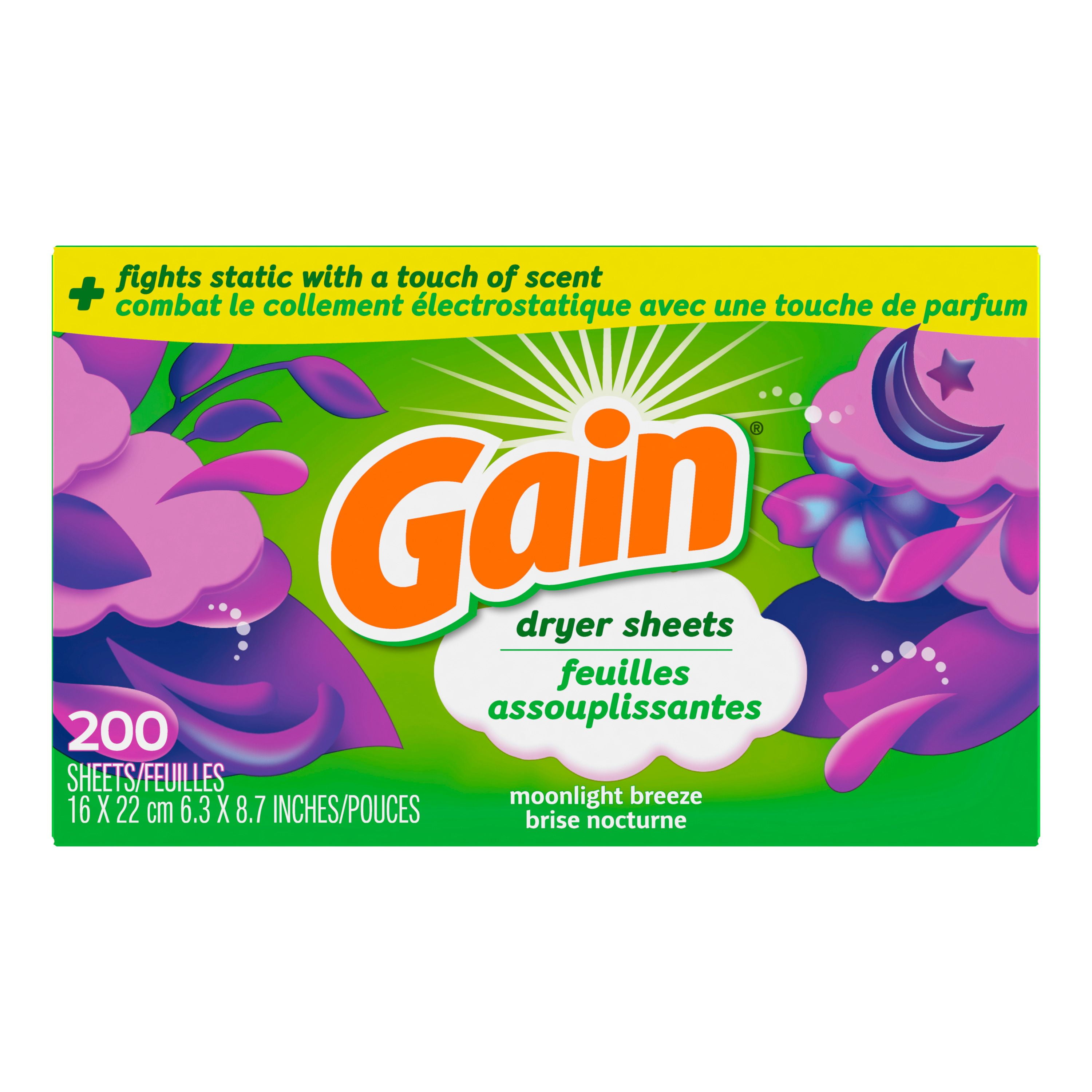 Feuilles assouplissantes Gain, combat le collement électrostatique avec un soupçon de parfum, feuilles pour la lessive, parfum Brise nocturne 200CT