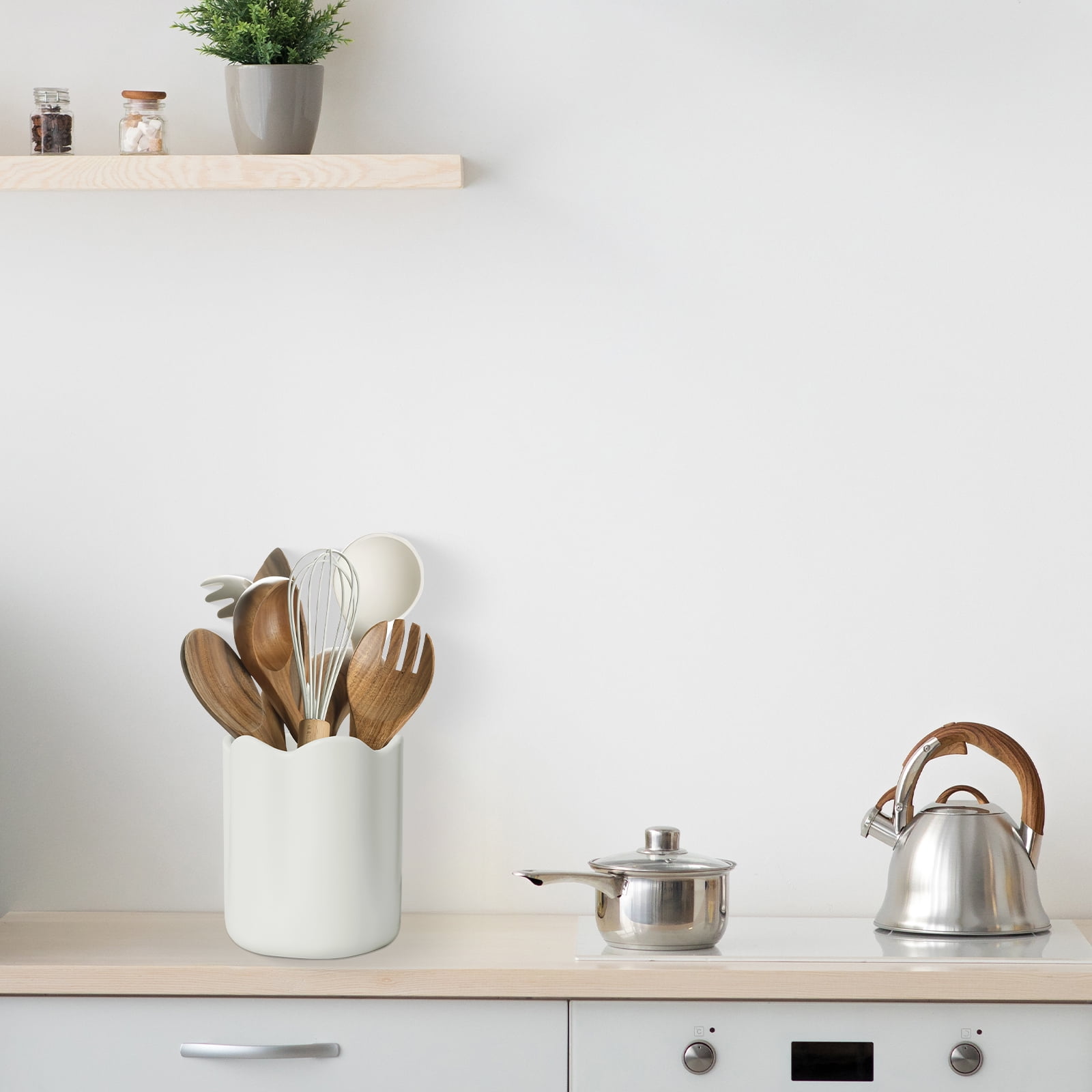 WormHome Ceramic Utensil Holder for Kitchen Counter, Large Kitchen Utensil Holder for Countertop with Cork Bottom, Cooking Tool Organizer for Spatula, White