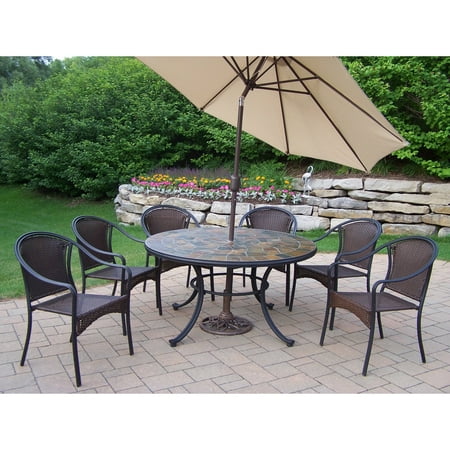 Oakland Living Stone Art All Weather Wicker Swivel Patio Dining Set - Seats 6