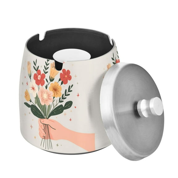 Yayeee Ashtray with Lid for Cigarette Smokeless Stainless Steel Home Ash Holder, Yellow Cute Flower