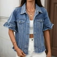 thumbnail image 2 of Womens Denim Jacket Jean Jacket Short Sleeved Water Washed With Fringe Hem Clothes, 2 of 9