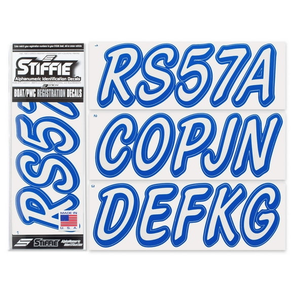 STIFFIE Whipline Solid White/Blue 3" Alpha-Numeric Registration Identification Numbers Stickers Decals for Boats & Personal Watercraft