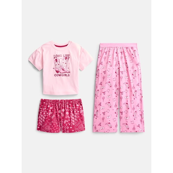 Wonder Nation Girls Graphic Tee with Shorts and Pants Pajama Set, 3 Piece, Sizes 4-18