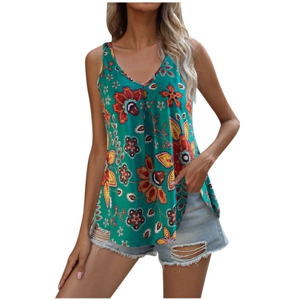 Gibobby Sin mangas Retro Tops Floral Casual Moda Blusa Mujer Estampado Camisola Mujer Blusa(Verde,XG)