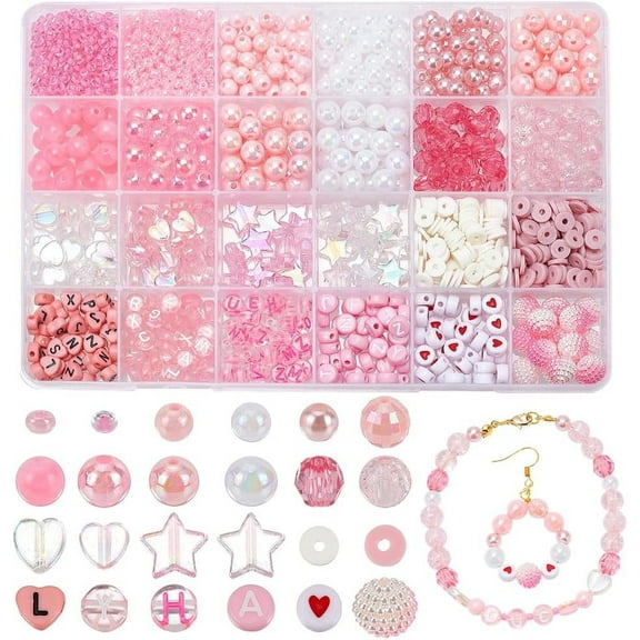 1630 Pcs Beads kit Including Pink Imitation Pearl Beads Round Glass Seed Beads Transparent Acrylic Beads Polymer Disc Beads